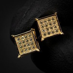 Mens Small Square 14k Gold Plated Sterling Silver Canary Yellow Stud Earrings